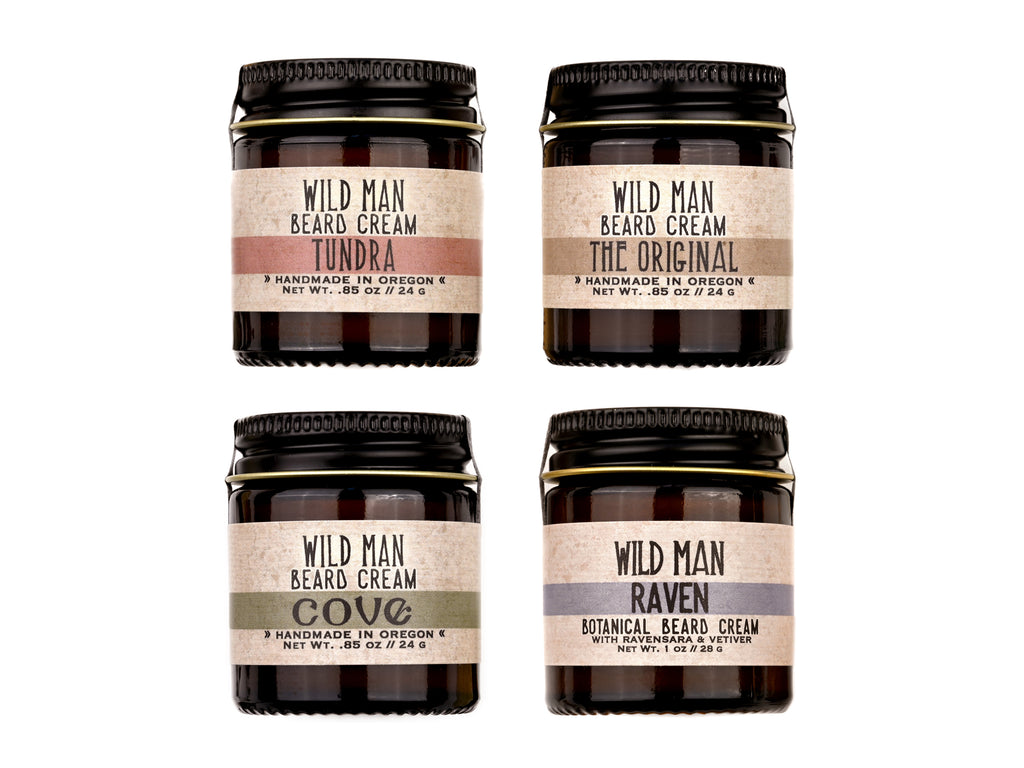 Wild Man Softening Beard Cream 1oz size in The Original, Raven, Cove and Tundra scents.