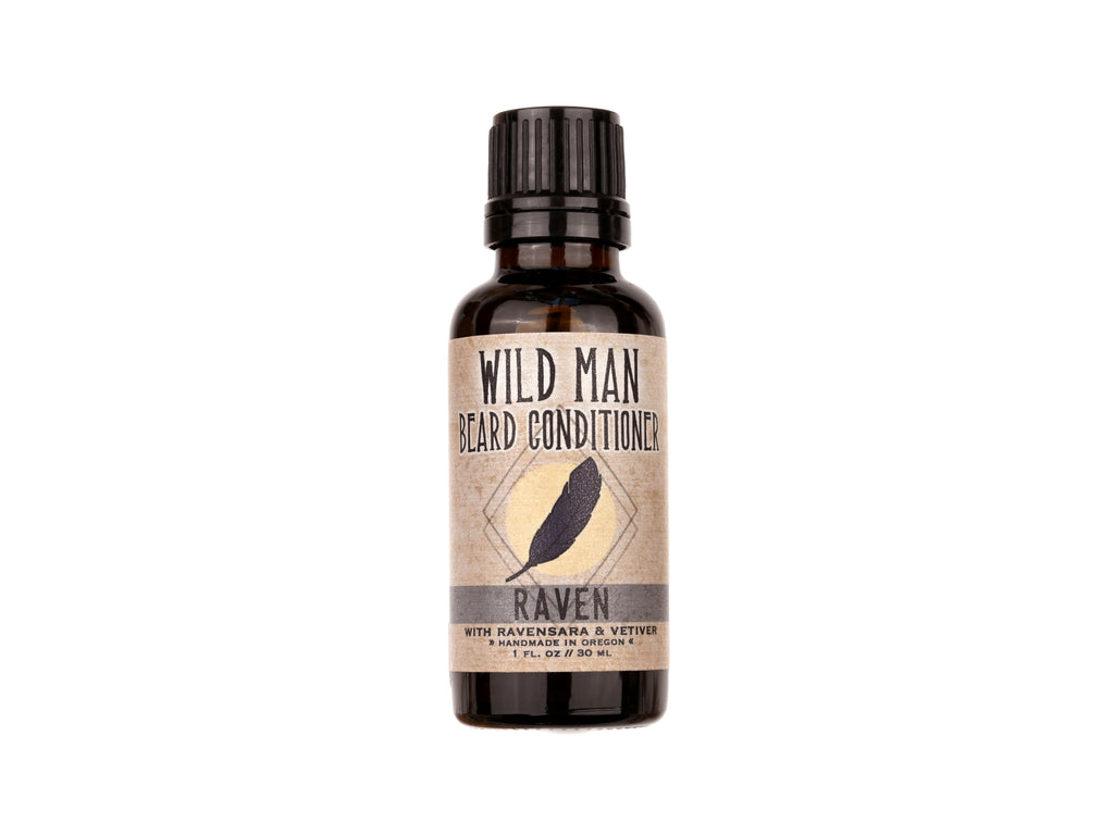 Wild Man Beard Oil Conditioner - Raven scent in 30ml amber glass bottle on a white background.