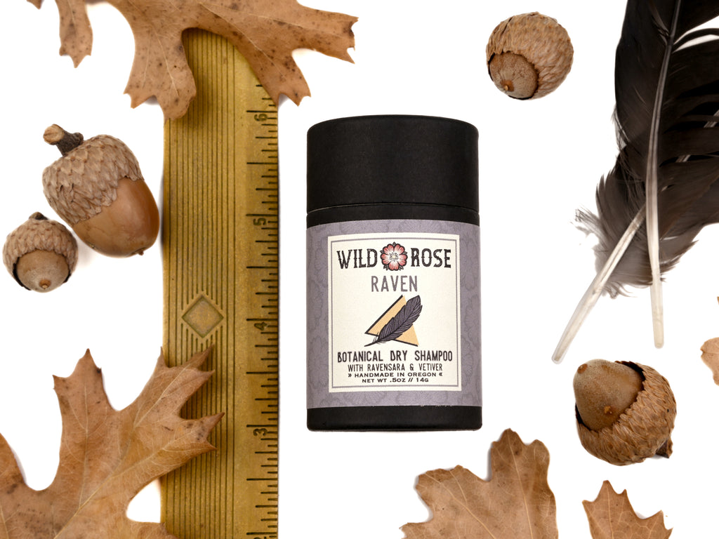 Raven Dry Shampoo in biodegradable paper shaker tube shown with ruler at about 3" tall. Autumnal oak leaves, acorns and black feathers surrounding.
