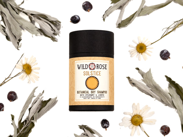 Solstice Dry Shampoo in biodegradable paper shaker tube with chamomile flowers, juniper berries and mugwort leaves surrounding.