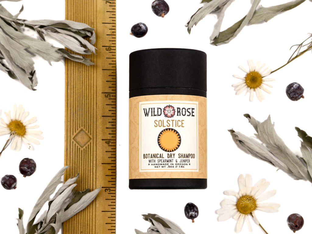 Solstice Dry Shampoo in biodegradable paper shaker tube shown with ruler at about 3" tall. Chamomile flowers, juniper berries and mugwort leaves surrounding.