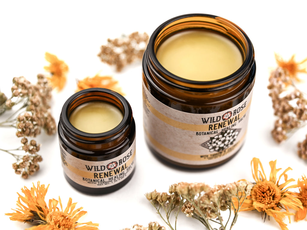 Renewal Healing Salve in a amber glass jars. Lids are removed revealing a creamy yellow balm.   Dried yarrow and calendula surround.