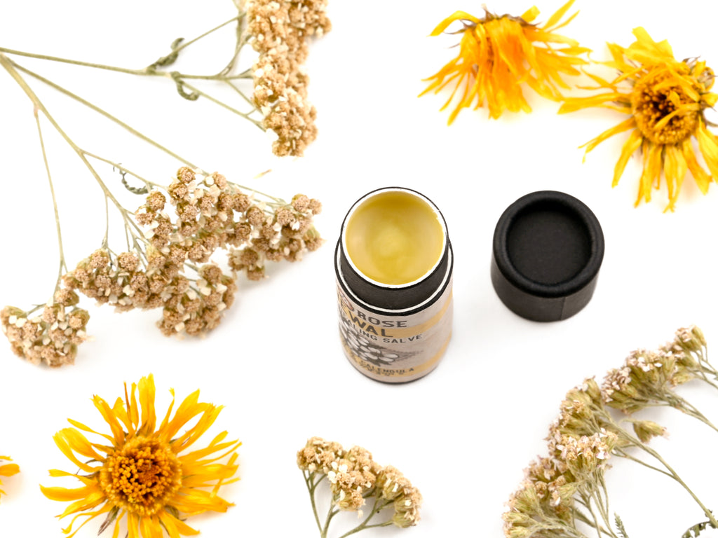 Renewal Healing Salve in a biodegradable paper tube.  Lids are removed revealing a creamy yellow balm.   Dried yarrow and calendula surround.
