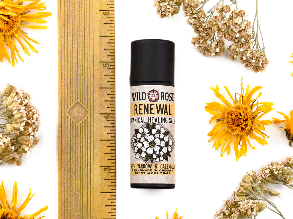 Renewal Healing Salve in a biodegradable paper tube. Shown near a ruler at about 3" tall.  Dried yarrow and calendula surround.