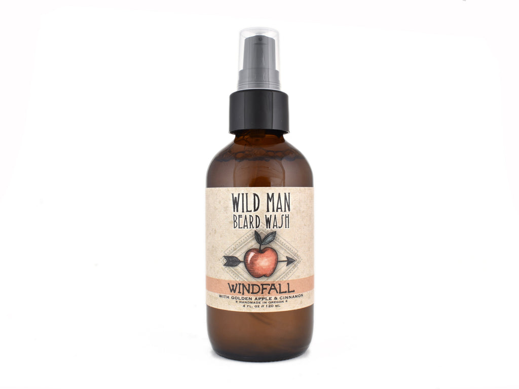 Wild Man Beard Wash Windfall in 4oz amber glass bottle on white background.