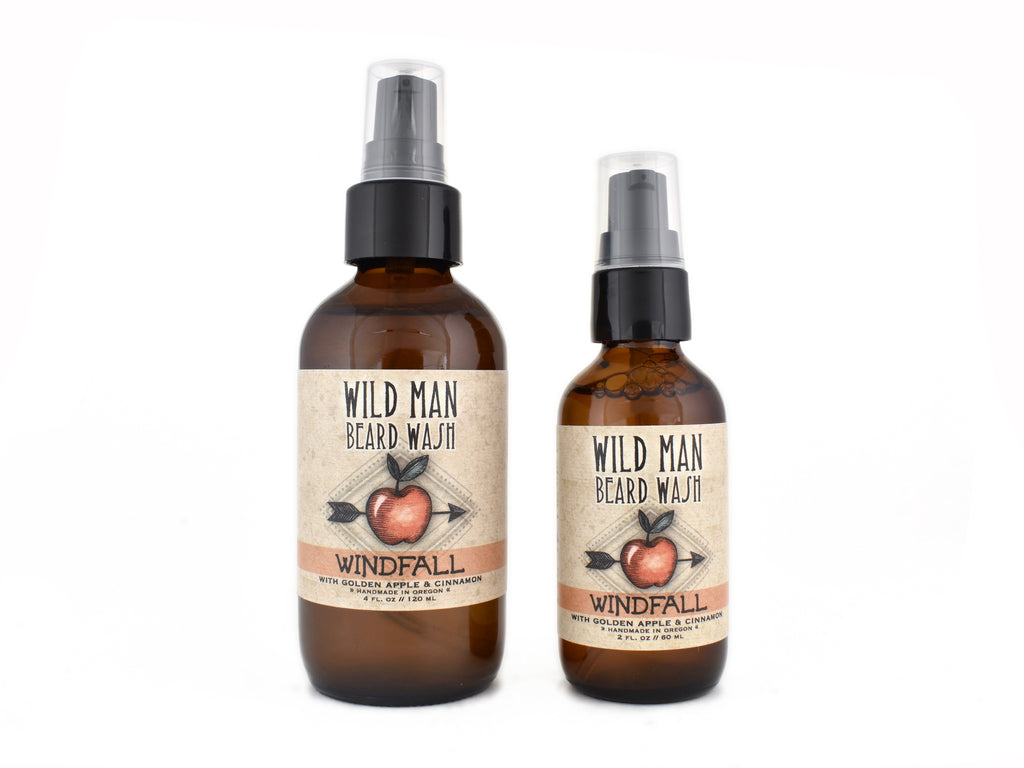 Wild Man Beard Wash Windfall in 2oz and 4oz amber glass bottles on white background.