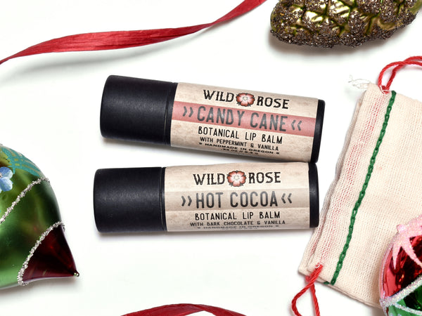 Holiday Lip Balm Set with Candy Cane and Hot Cocoa in cotton drawstring bag