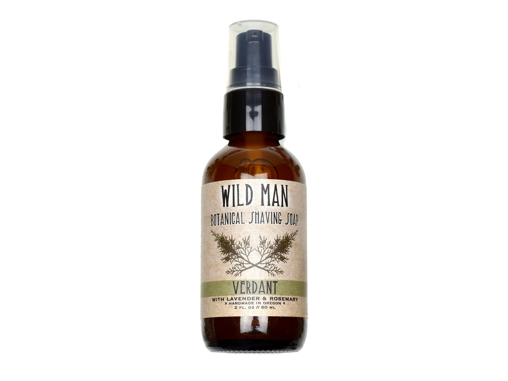 Wild Man Shaving Soap 2oz size in Verdant scent on white background.
