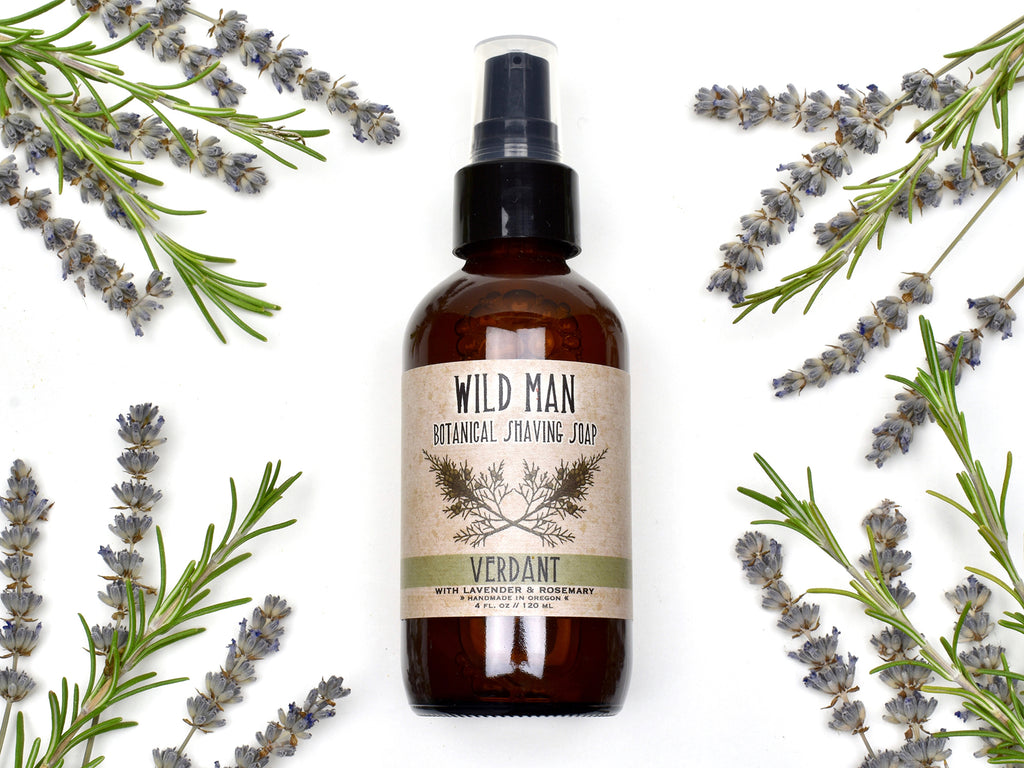Wild Man Shaving Soap 4oz size in Verdant scent. Dried lavender and rosemary surround.