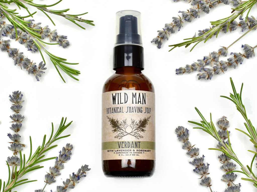 Wild Man Shaving Soap 2oz size in Verdant scent. Dried lavender and rosemary surround.