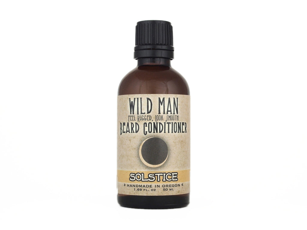 Wild Man Beard Oil Conditioner Solstice in 50ml amber glass bottle on a white background.