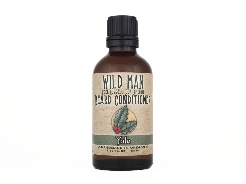 Wild Man Beard Oil Conditioner 50ml amber glass bottle in Yule scent on a white background.