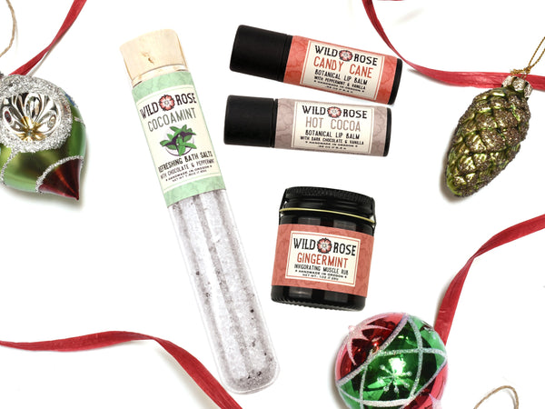 Holiday Gift Set with Cocoamint Bath Salts, Gingermint Muscle Rub, Hot Cocoa and Candy Cane Lip Balms