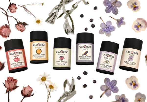 Botanical Dry Shampoos from Wild Rose arranged in rainbow order. Dried herbs and flowers surround.