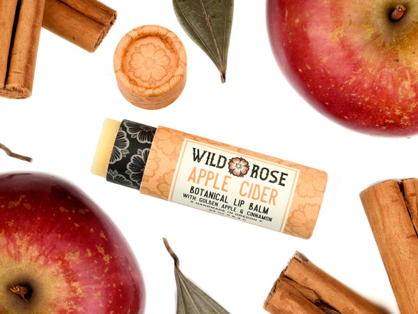 A tube of Wild Rose Apple Cider Botanical Lip Balm is displayed on a white background, surrounded by fresh red apples and cinnamon sticks. The lip balm tube has a light orange label with black and orange text, a black patterned band, and a pale yellow balm stick visible at the end.