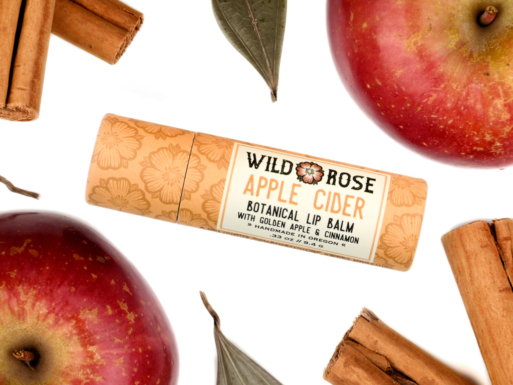 Wild Rose Apple Cider Botanical Lip Balm in a tan patterned tube, surrounded by fresh red apples and cinnamon sticks on a white background.
