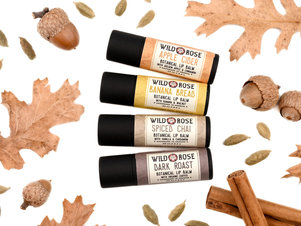 Autumn Lip Balm Set with Appler Cider, Banana Bread, Spiced Chai and Dark Roast in biodegradable paper tubes. Dried leaves, acorns and cinnamon sticks surround.