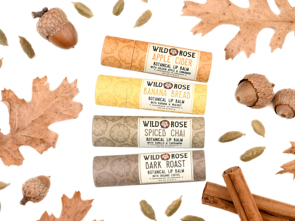 Wild Rose Autumn Lip Balm Set with Apple Cider, Banana Bread, Spiced Chai and Dark Roast Lip Balms in biodegradable tubes. Shown with dried oak leaves, acorn, cardamom pods and cinnamon sticks on a white background.