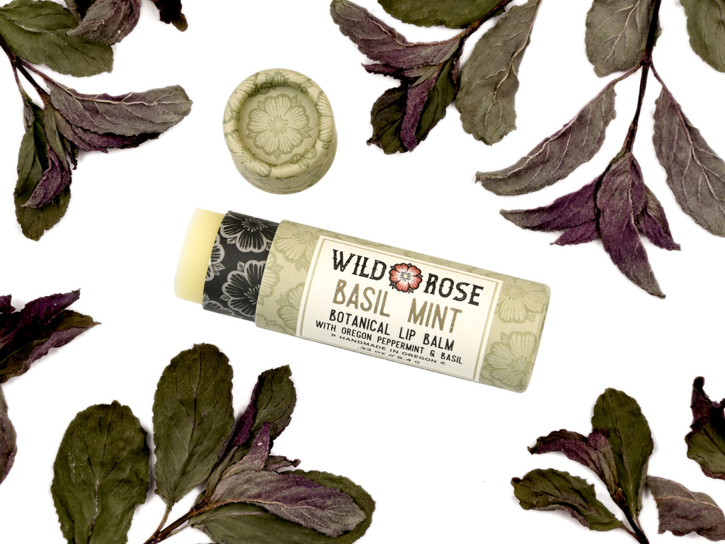 Basil Mint Natural Lip Balm in a biodegradable paper tube. The cap is off revealing a creamy light green balm. Dried mint leaves surround.