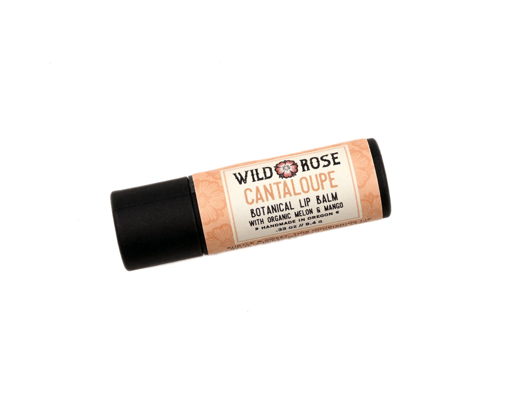 Cantaloupe Natural Lip Balm in a biodegradable paper tube on a white background.
