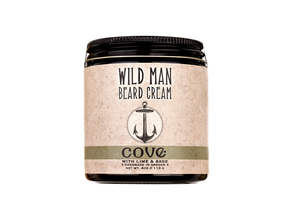 Wild Man Beard Cream Cove scent in 4oz amber jar on white background.