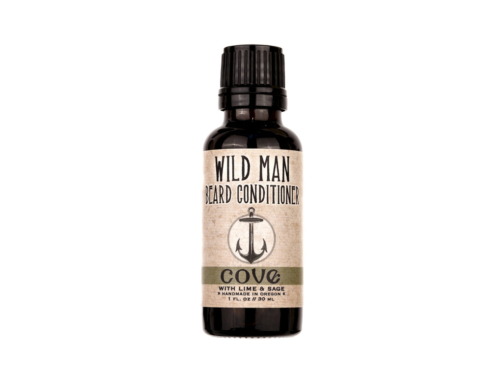 Wild Man Beard Oil Conditioner Cove scent in 30ml amber glass bottle on a white background.