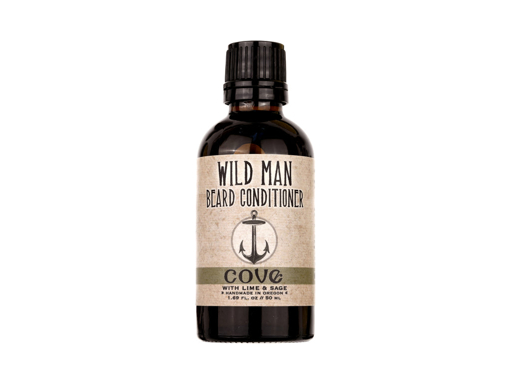 Wild Man Beard Oil Conditioner Cove scent in 50ml amber glass bottle on a white background.