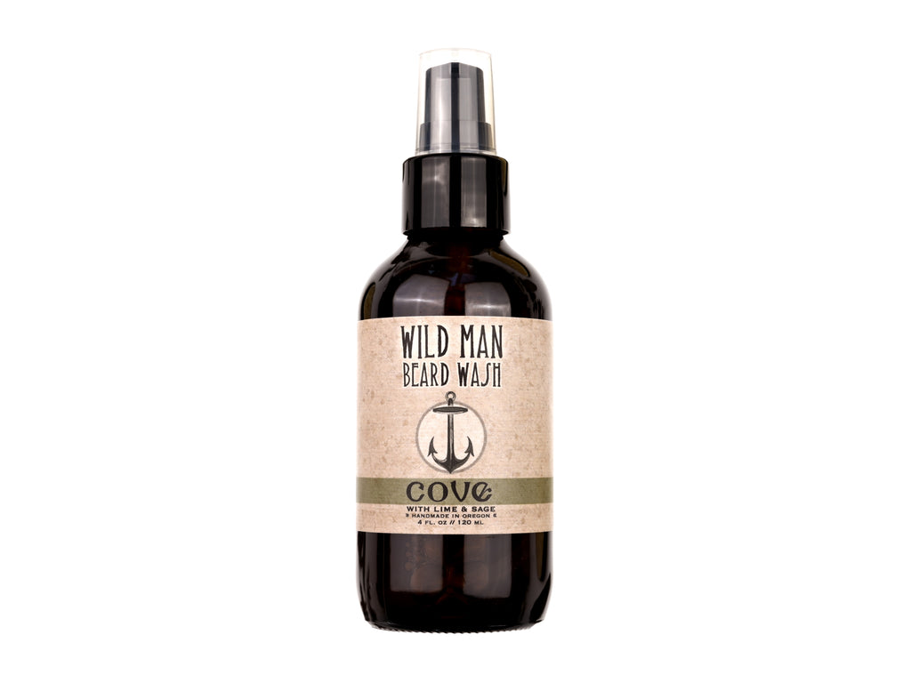 Wild Man Beard Wash Cove scent in 4oz amber bottle on white background.