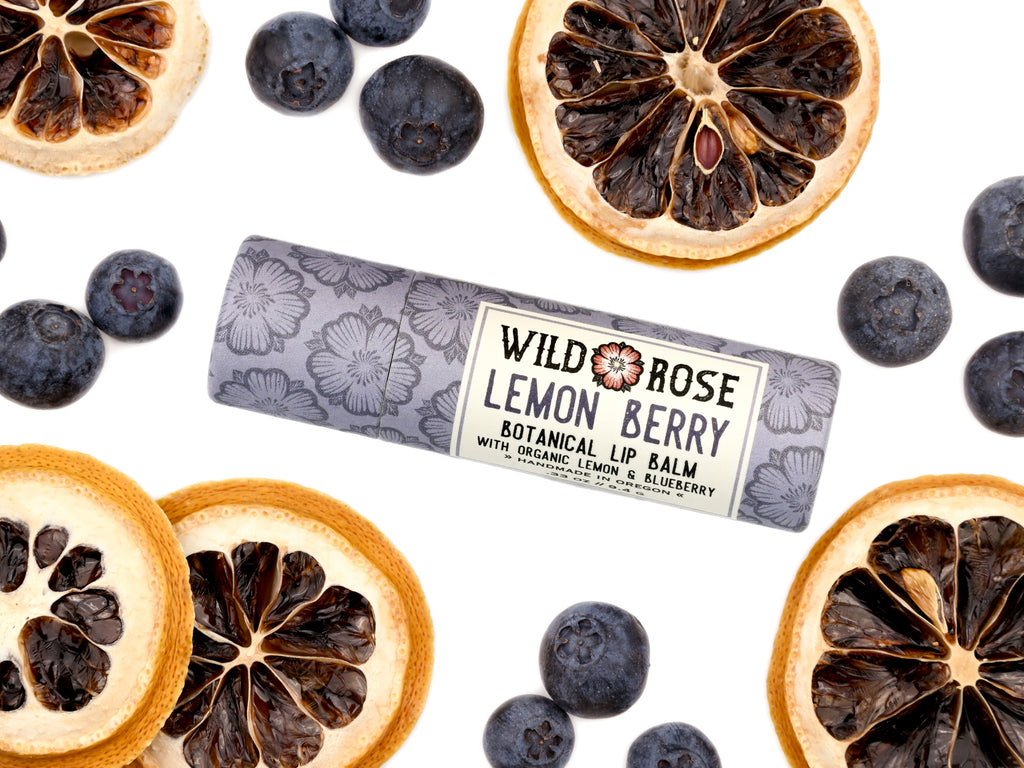 Wild Rose Lemon Berry Botanical Lip Balm in a biodegradable tube on a white background with dried lemons and blueberries surrounding. 