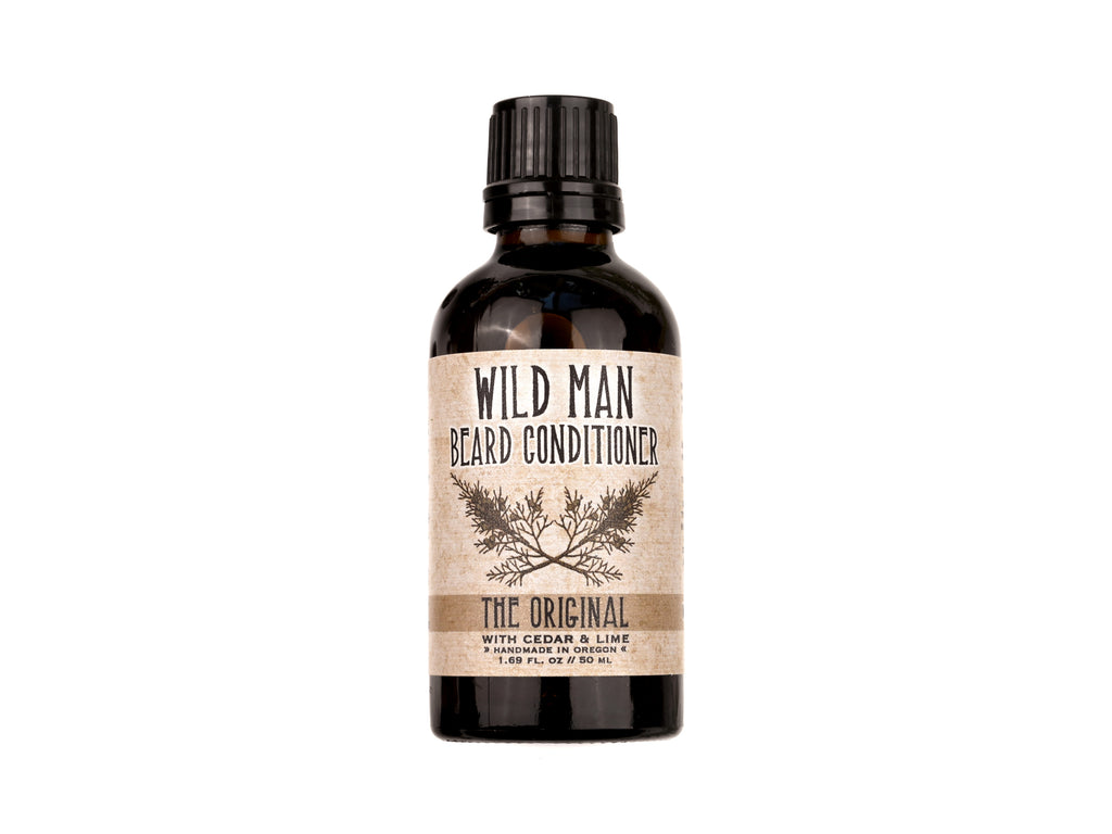 Wild Man Beard Conditioner in The Original scent shown in a 50ml amber glass bottle shown on a white background.