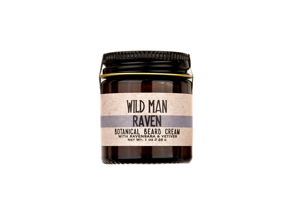 Wild Man Beard Cream - Raven scent in 1oz amber glass jar on white background.