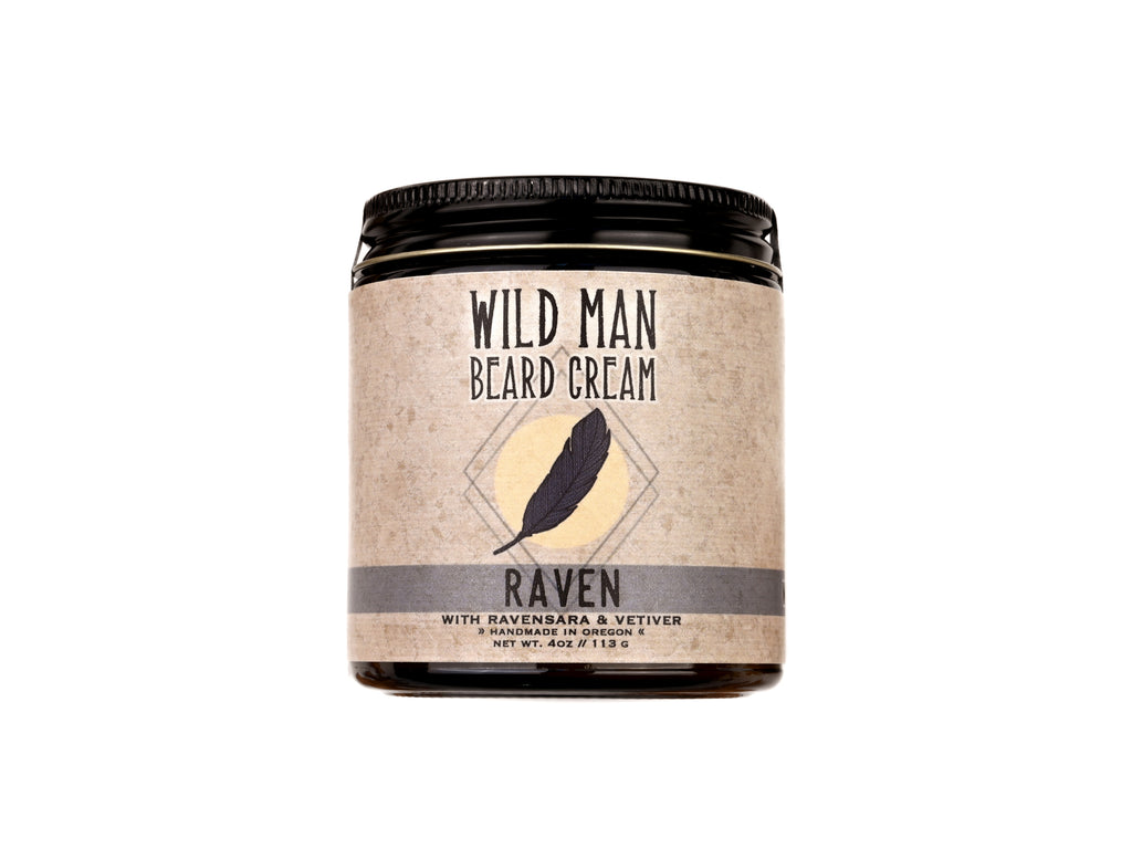 Wild Man Beard Cream - Raven scent in 4oz amber glass jar on white background.
