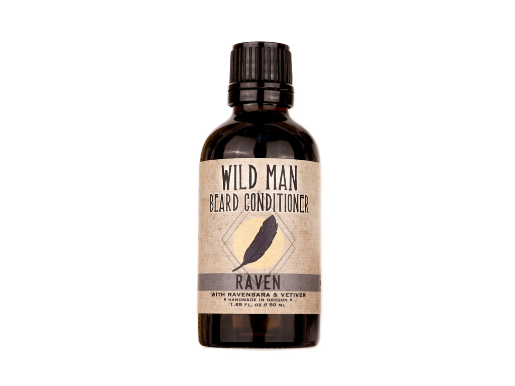 Wild Man Beard Oil Conditioner - Raven scent in 50ml amber glass bottle on a white background.