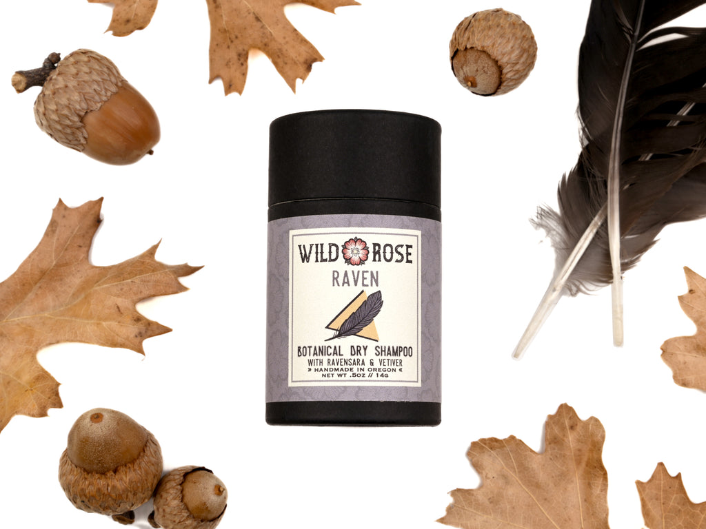 Raven Dry Shampoo in biodegradable paper shaker tube with autumnal oak leaves, acorns and black feathers surrounding.