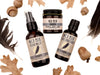 Wild Man beard care set in Raven scent with 30ml Beard Conditioner, 2oz Beard Wash and 1oz Beard Cream. Black feathers, acorns and dried oak leaves surround.