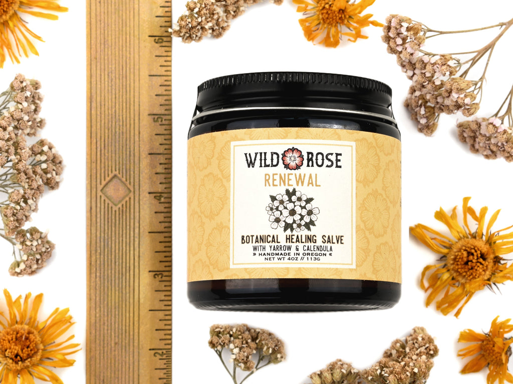 Renewal Healing Salve in a 4oz amber glass jar with metal lid. Shown near a ruler at about 3" tall.  Dried yarrow and calendula surround.