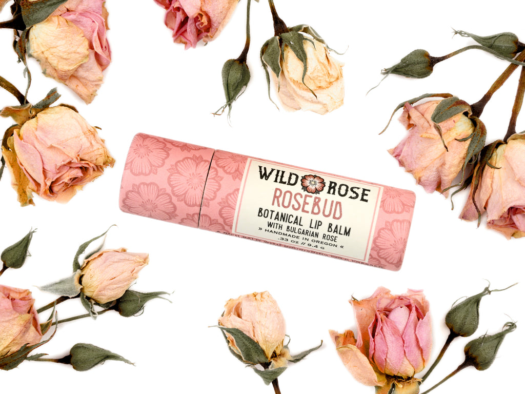 Wild Rose Rosebud Botanical Lip Balm in a biodegradable tube on a white background with dried roses surrounding. 