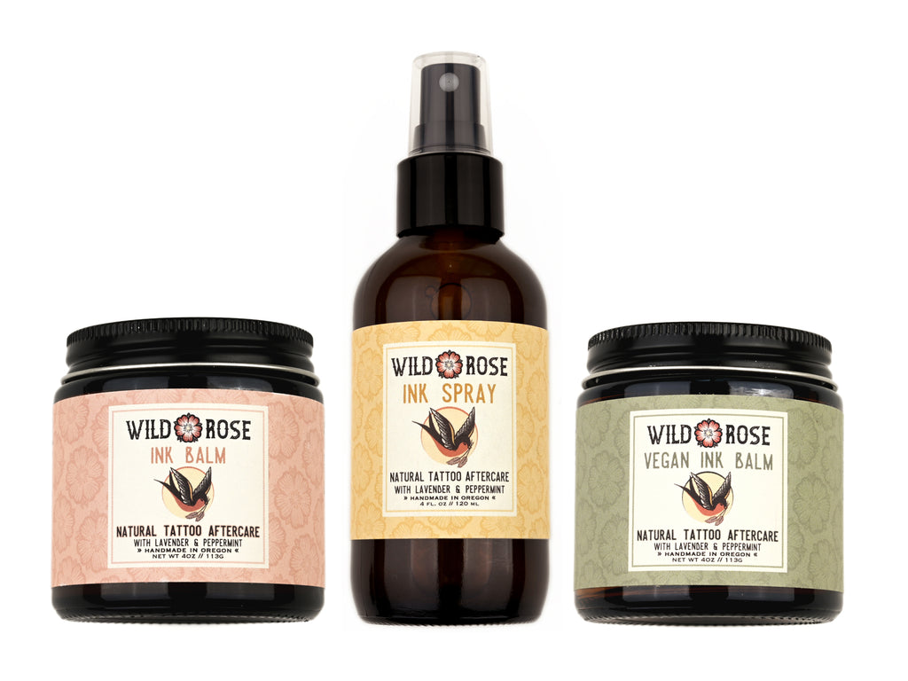 Ink Balm, Vegan Ink Balm and Ink Spray Natural Tattoo Aftercare 4oz sizes on a white background.