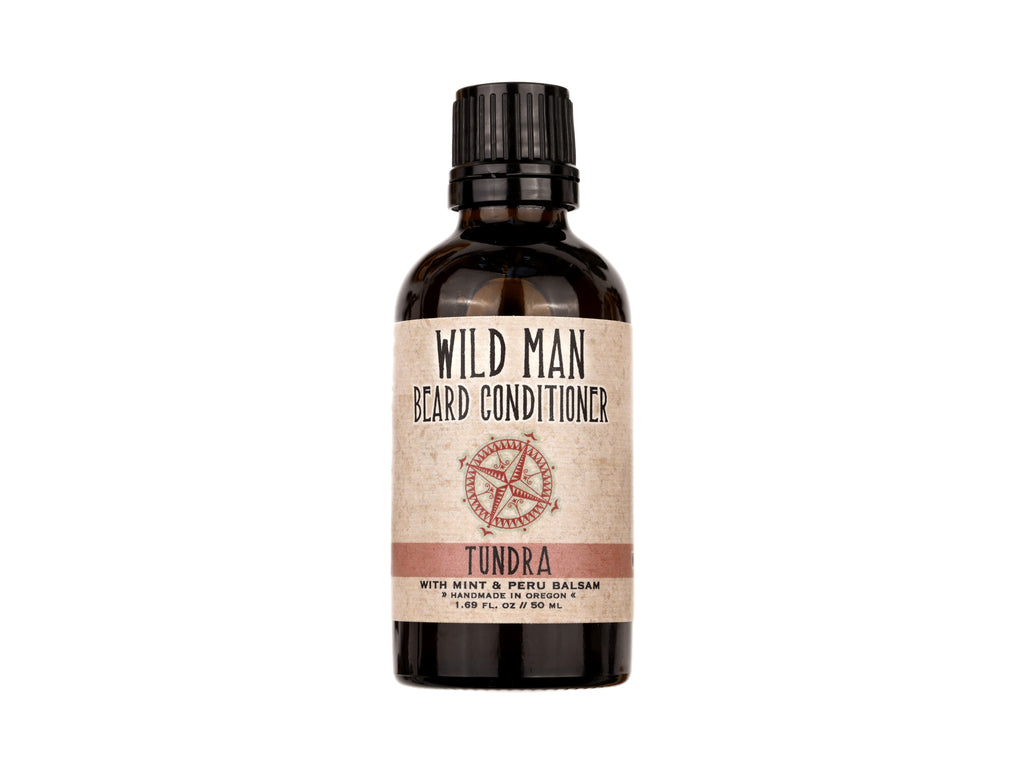 Wild Man Beard Oil Conditioner Tundra scent in 50ml amber glass bottle on white background.