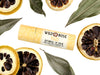 Yuzu Lip Balm in a biodegradable paper tube. Dried lemon slices and leaves surround.