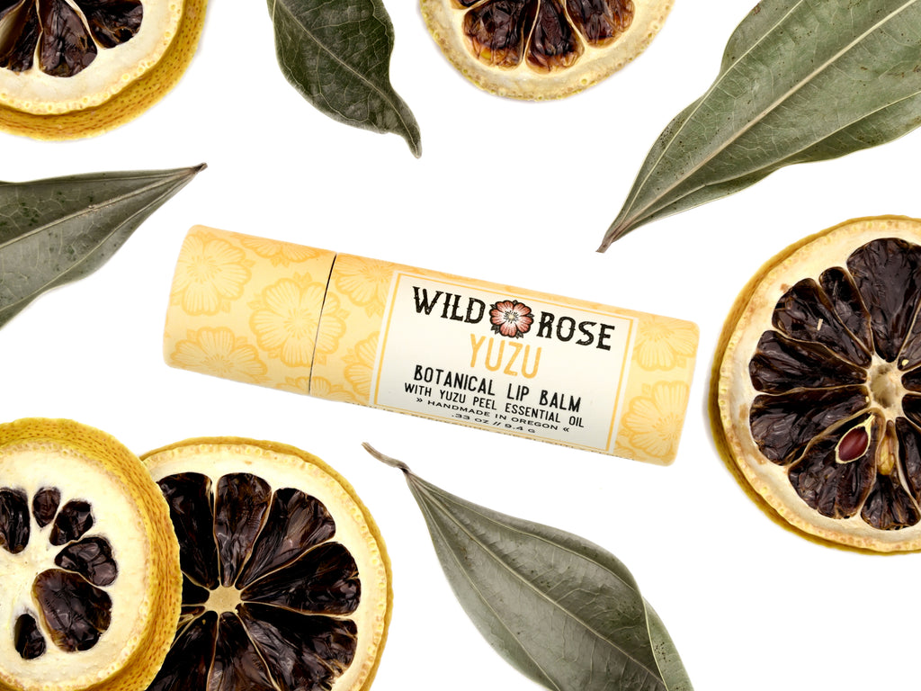 Yuzu Lip Balm in a biodegradable paper tube. Dried lemon slices and leaves surround.