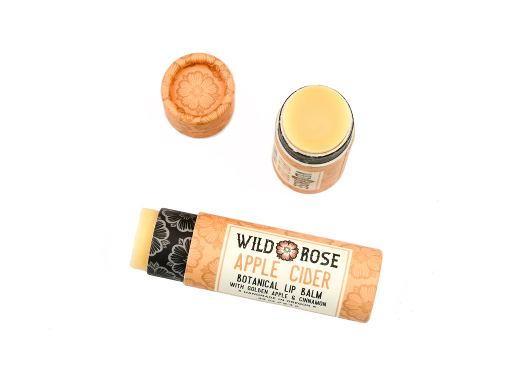 A tube of Wild Rose Apple Cider Botanical Lip Balm is displayed on a white background. The lip balm tube has a light orange label with black and orange text, a black patterned band, and a pale yellow balm stick visible.
