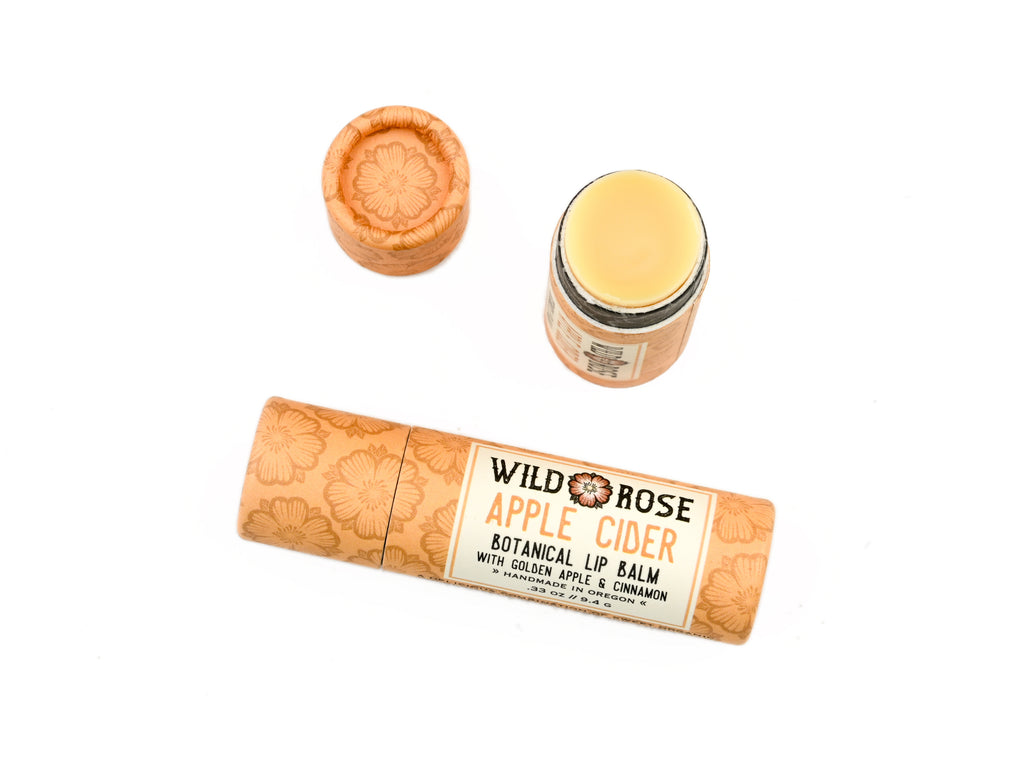 A tube of Wild Rose Apple Cider Botanical Lip Balm is displayed on a white background. The lip balm tube has a light orange label with black and orange text, a black patterned band, and a pale yellow balm stick visible.