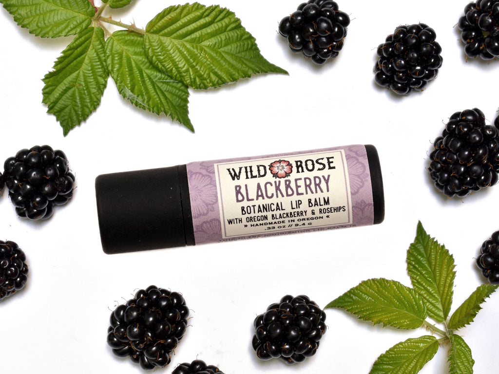 Blackberry Natural Lip Balm in a biodegradable paper tube. Blackberries and leaves surround.