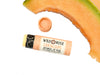 Wild Rose Cantaloupe Botanical Lip Balm shown with a slice of cantaloupe melon on a white background. The cap is removed revealing a creamy off-white balm.