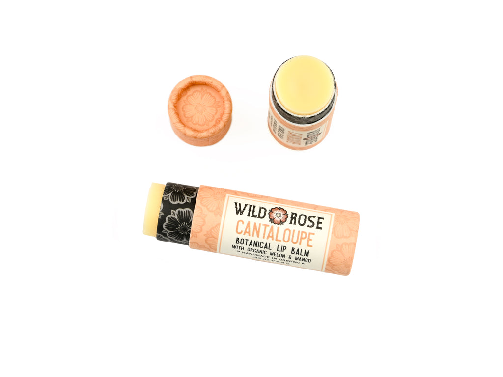 Wild Rose Cantaloupe Botanical Lip Balm shown on a white background. The cap is removed revealing a creamy off-white balm.