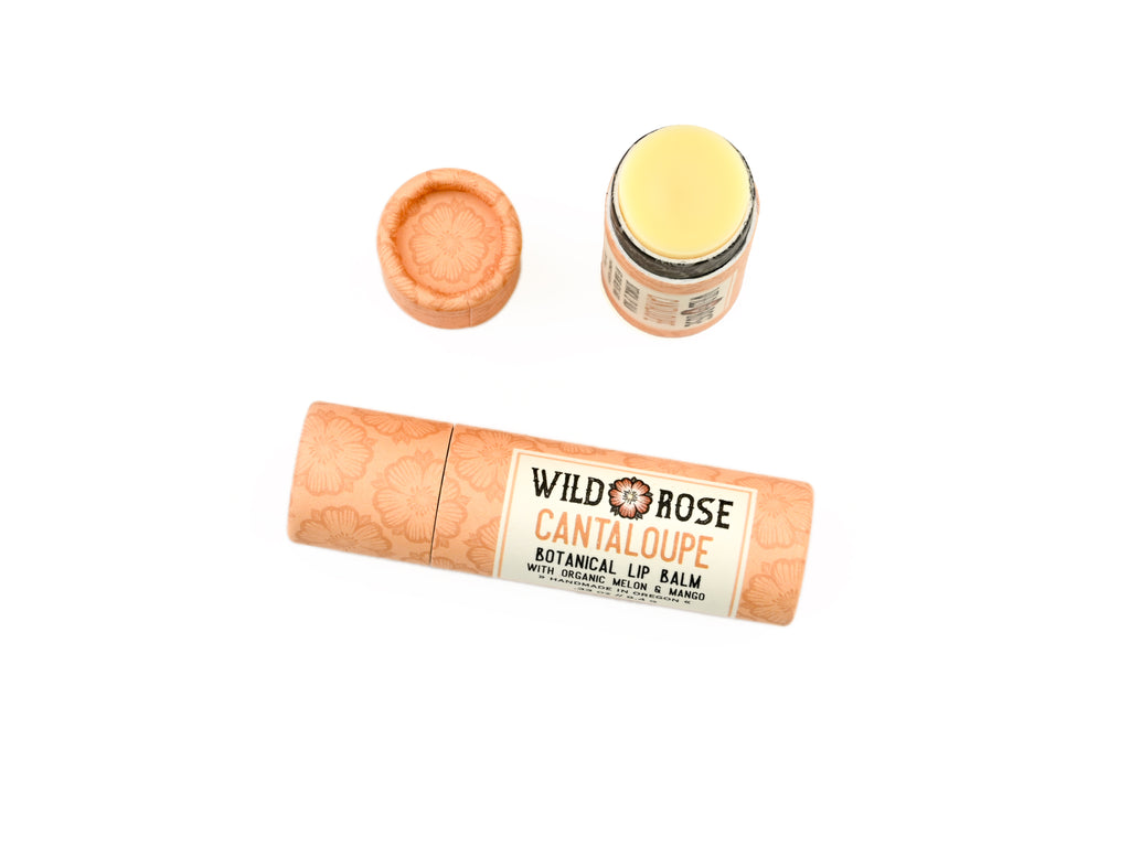 Wild Rose Cantaloupe Botanical Lip Balm in a biodegradable paper tube shown on a white background. The cap is removed revealing a creamy off-white balm.