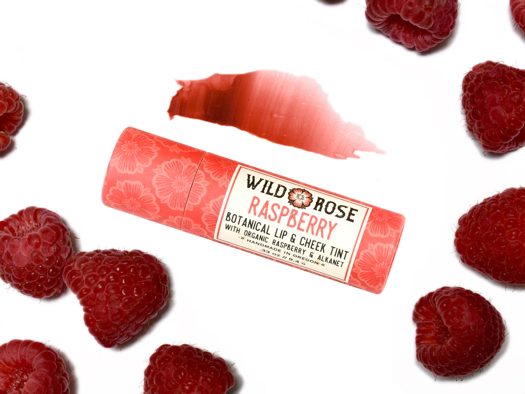 Wild Rose Raspberry Botanical Lip & Cheek Tint in a biodegradable paper tube on a white background with fresh raspberries. A color swatch is above, revealing a dark red tint.