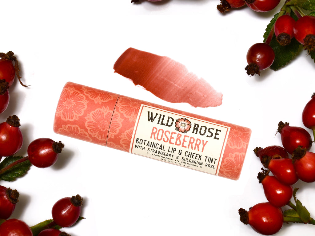 Wild Rose Roseberry Botanical Lip & Cheek Tint in a biodegradable tube, surrounded by rose hips on a white background. A product swatch is above.