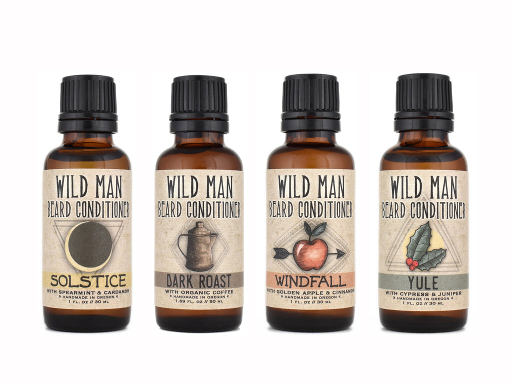 Wild Man Beard Oil Conditioner 30ml in Solstice, Dark Roast, Windfall and Yule scents.